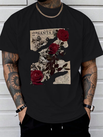 Rose Print Comfortable Soft T-shirt, Men's T-shirt, Summer Casual Short Sleeved T-shirt - Image 2